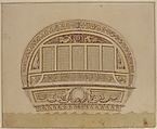 Design for Stem of a Ship, Anonymous, French, 18th century, Pen and brown ink, brush and brown wash, watercolor, and graphite; on verso, graphite.  Framing lines in pen and brown ink.