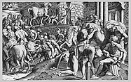 The Trojans pulling the wooden horse into the city, Giulio Bonasone (Italian, active Rome and Bologna, 1531–after 1576), Engraving