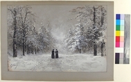 Winter Scene with Two Men, Eugène Cicéri (French, Paris 1813–1890 Fontainebleau), Watercolor over graphite, heightened with white; framing lines in graphite