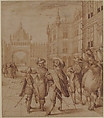 Cavaliers in a City Square, Jean de Saint-Igny (French, Rouen ca. 1595/1600–1647 Paris), Pen and brown ink