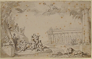 Temple of the Muses, Charles Monnet French, Pen and black ink, brush and gray wash over graphite underdrawing