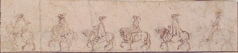 Procession of Six Horsemen in Profile View Facing Left, Stefano della Bella (Italian, Florence 1610–1664 Florence), Pen and brown ink over traces of graphite; traces of framing lines in pen and brown ink