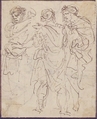 Three Standing Figures in Antique Costume, Stefano della Bella (Italian, Florence 1610–1664 Florence), Pen and brown ink; framing lines in dark brown ink