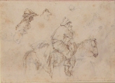 A Peasant on Horseback seen in Profile Facing Right; Two Studies of the Same Man's Head., Stefano della Bella (Italian, Florence 1610–1664 Florence), Pen and brown ink; traces of sketches in graphite