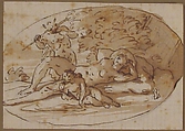 Design for a Vignette with a Nymph Surprised by a Satyr, Anonymous, French, 17th century, Pen and brown ink, brush and brown wash, graphite