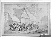 Stable Yard with Horses, Thomas Rowlandson (British, London 1757–1827 London), Pen and gray ink, brush and gray wash