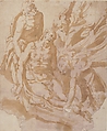 Design of Dead Christ Supported by Two Angels a Saint, Marco Marchetti (Marco da Faenza) (Italian, Faenza before 1528–1588 Faenza), Pen and brown ink, brush and brown wash over traces of leadpoint