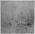 Boats and Houses, In the manner of Jan Brueghel the Elder (Netherlandish, Brussels 1568–1625 Antwerp), Pen and brown ink, brown wash (faded gray); circular framing lines lightly sketched in pen and brown ink