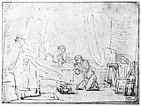 The Wedding Night of Tobias and Sarah, Rembrandt (Rembrandt van Rijn) (Dutch, Leiden 1606–1669 Amsterdam), Pen and brown ink, brush and brown wash; framing lines in pen and brown ink