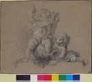 Two Putti, One Holding Aloft a Bunch of Grapes, attributed to Clodion (Claude Michel) (French, Nancy 1738–1814 Paris), Black and white chalk