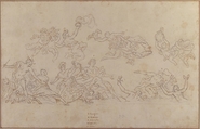 Design for a Ceiling Decoration with Neptune and Allegories of the Four Continents, Pietro Dandini (Italian, Florence 1646–1712 Florence), Pen and brown ink, over black chalk