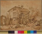 Cottage with Figures, Imitator of François Boucher (French, Paris 1703–1770 Paris), Graphite and pen and brown ink with red chalk over black chalk