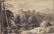 Italian Landscape, Anonymous, French, 18th century, Black chalk, brush and gray and black wash
