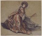 A Lady Holding a Fan, Michel Barthélémy Ollivier (French, Marseille 1712–1784 Paris), Black and red chalk with white gouache on green-gray paper
