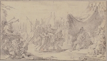 Illustration for a Book: General Carried in Triumph, Giovanni Battista Tiepolo (Italian, Venice 1696–1770 Madrid), Graphite or black chalk. Traces of reworking in red chalk. Horizontal and vertical centering lines ruled in faint graphite or black chalk