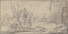 Illustration for a Book:  Troops Advancing toward a City Gate, Giovanni Battista Tiepolo (Italian, Venice 1696–1770 Madrid), Graphite or black chalk.  Horizontal and vertical centering lines and another vertical line in graphite or black chalk ruled at 1 cm to the left border