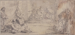 Illustration for a Book:  Booty Presented to Three Dignitaries, Giovanni Battista Tiepolo (Italian, Venice 1696–1770 Madrid), Graphite or black chalk.   Horizontal and vertical centering lines ruled in faint graphite or black chalk