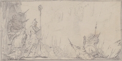 Illustration for a Book:  Soldier in front of "General" Holding up a Decapitated Head on a Staff, Giovanni Battista Tiepolo (Italian, Venice 1696–1770 Madrid), Black chalk.   Horizontal and vertical centering lines ruled in faint black chalk