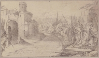 Illustration for a Book:  Meeting Between Two Generals (?) before a Fortified Town, Giovanni Battista Tiepolo (Italian, Venice 1696–1770 Madrid), Black chalk.   Horizontal and vertical centering lines ruled in faint black chalk
