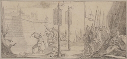 Illustration for a Book:  Siege of a City, Giovanni Battista Tiepolo (Italian, Venice 1696–1770 Madrid), Black chalk.   Horizontal and vertical centering lines ruled in faint black chalk