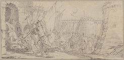 Illustration for a Book:  Soldiers Storming a City, Giovanni Battista Tiepolo (Italian, Venice 1696–1770 Madrid), Black chalk.   Horizontal and vertical centering lines ruled in faint black chalk