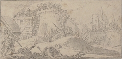 Illustration for a Book:  Attacks on the Walls of a City, Giovanni Battista Tiepolo (Italian, Venice 1696–1770 Madrid), Black chalk.   Horizontal and vertical centering lines ruled in faint black chalk