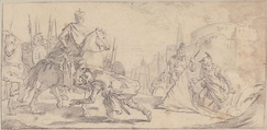 Illustration for a Book:  Soldiers Surrendering to an Emperor, with a City in the Background, Giovanni Battista Tiepolo (Italian, Venice 1696–1770 Madrid), Black chalk.   Horizontal and vertical centering lines ruled in faint black chalk