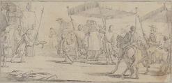 Illustration for a Book:  Keys of a City Offered to a Procession of Cardinals Headed by a Riderless Horse, Giovanni Battista Tiepolo (Italian, Venice 1696–1770 Madrid), Black chalk.   Horizontal and vertical centering lines ruled in faint black chalk