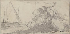 Illustration for a Book:  Battle by the Sea Coast, Giovanni Battista Tiepolo (Italian, Venice 1696–1770 Madrid), Black chalk.   Horizontal and vertical centering lines ruled in faint black chalk