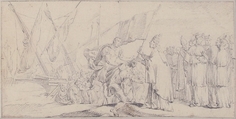 Illustration for a Book:  Pope Handing a Banner to a Crusader, with Ships in the Background, Giovanni Battista Tiepolo (Italian, Venice 1696–1770 Madrid), Black chalk.   Horizontal and vertical centering lines ruled in faint black chalk