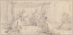 Illustration for a Book:  Two Monks Kneeling before a Doge and an Emperor (Doge Ziani and Emperor Barbarossa?), Giovanni Battista Tiepolo (Italian, Venice 1696–1770 Madrid), Black chalk.   Horizontal and vertical centering lines ruled in faint black chalk