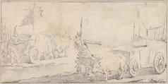 Illustration for a Book:  Soldiers Driving Ox Carts with Banners, Giovanni Battista Tiepolo (Italian, Venice 1696–1770 Madrid), Black chalk.   Horizontal and vertical centering lines ruled in faint black chalk