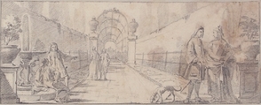 Illustration for a Book:  Figures in Conversation in a Garden, Giovanni Battista Tiepolo (Italian, Venice 1696–1770 Madrid), Black chalk.   Horizontal and vertical centering lines ruled in faint black chalk