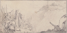 Illustration for a Book:  Cardinal with Troops Facing a Fortification on a Hilltop, Giovanni Battista Tiepolo (Italian, Venice 1696–1770 Madrid), Black chalk.   Horizontal and vertical centering lines ruled in faint black chalk