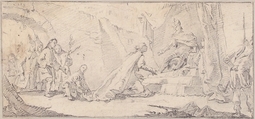 Illustration for a Book:  Supplicants Imploring an Emperor for Peace, Giovanni Battista Tiepolo (Italian, Venice 1696–1770 Madrid), Black chalk.   Horizontal and vertical centering lines ruled in faint black chalk