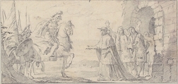 Illustration for a Book:  Cardinal Receiving a General at a City Gate, Giovanni Battista Tiepolo (Italian, Venice 1696–1770 Madrid), Black chalk.   Horizontal and vertical centering lines ruled in faint black chalk
