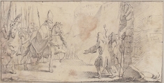 Illustration for a Book:  Reception of a Bishop Leading an Army at a City Gate, Giovanni Battista Tiepolo (Italian, Venice 1696–1770 Madrid), Black chalk.   Horizontal and vertical centering lines ruled in faint black chalk