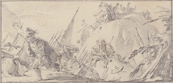 Illustration for a Book:  Scene of Combat, Giovanni Battista Tiepolo (Italian, Venice 1696–1770 Madrid), Black chalk.   Horizontal and vertical centering lines ruled in faint black chalk