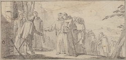 Illustration for a Book:  Reception of Monks at a City Gate, Giovanni Battista Tiepolo (Italian, Venice 1696–1770 Madrid), Black chalk.   Horizontal and vertical centering lines ruled in faint black chalk