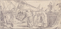 Illustration for a Book:  Bishops and Monks Being Received at a Ship by a Venerable Dignitary, Giovanni Battista Tiepolo (Italian, Venice 1696–1770 Madrid), Black chalk.   Horizontal and vertical centering lines ruled in faint black chalk