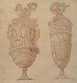 Two Urns Decorated with Human Figures, Animals and Garlands, After Polidoro da Caravaggio (Italian, Caravaggio ca. 1499–ca. 1543 Messina), Pen and brown ink, brush with brown and gray wash highlighted with white gouache over traces of graphite