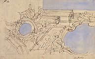 A Foreshortened View of a Ceiling Corner Decorated with Statues, Putti and Garlands, Attributed to Luigi Garzi (Italian, Pistoia 1638–1721 Rome), Pen and brown ink brush and blue wash over traces of black chalk