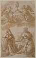 Two Male Saints Kneeling with Angels Holding a Reliquary, Marcantonio Bassetti (Italian, Verona 1586–1630 Verona), Pen and brown ink, brush and brown wash over traces of black chalk or graphite