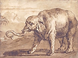Elephant in a Landscape, Giovanni Domenico Tiepolo (Italian, Venice 1727–1804 Venice), Pen and brown ink, brush and brown wash, over black chalk; framing lines in pen and brown ink at left, right, and upper borders