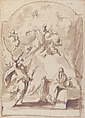 The Annunciation, attributed to Giovanni Antonio Pellegrini (Italian, Venice 1675–1741 Venice), Pen and brown ink, brush and brown wash, over graphite or lead; framing lines with scalloped top border in brush and brown wash