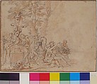 Satyrs Preparing for a Festival, Claude Gillot (French, Langres 1673–1722 Paris), Pen, brown and black ink, over black chalk with pink wash; framing lines in pen and brown ink