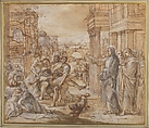 Christ Healing a Possessed Man, Aureliano Milani (Italian, Bologna 1675–1749 Bologna), Pen and brown ink, brush and brown wash, highlighted with white, over traces of black chalk, on light brown paper