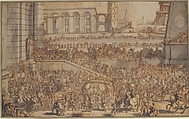 Alexander Entering Babylon, Sébastien Leclerc I (French, Metz 1637–1714 Paris), Pen and brown ink, brush and gray wash over red chalk.  Several corrections on separate pieces of paper, pasted onto original sheet.