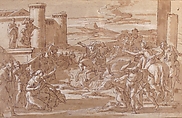 Marcus Curtius Leaping into the Chasm (recto); Study of a Seated Crowned Female Figure (verso), Luigi Garzi (Italian, Pistoia 1638–1721 Rome), Pen and brown ink, brush and brown wash, highlighted with white, on brownish paper (recto); red chalk (verso)