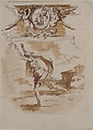 Draped Man Running; Cartouche Supported by Two Winged Victories, Etienne de Lavallée-Poussin (French, Rouen 1733–1793 Paris), Pen and brown ink, brush and brown wash, over traces of black chalk